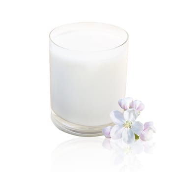 Glass of fresh milk and apple-tree flower