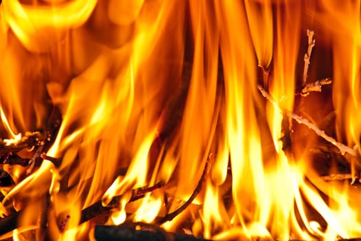 Burning wood in the fireplace and the flames.