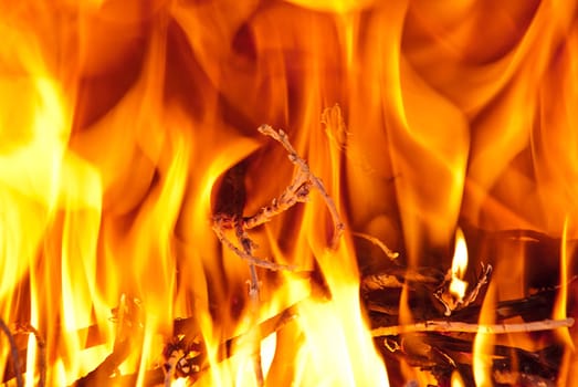 Burning wood in the fireplace and the flames.