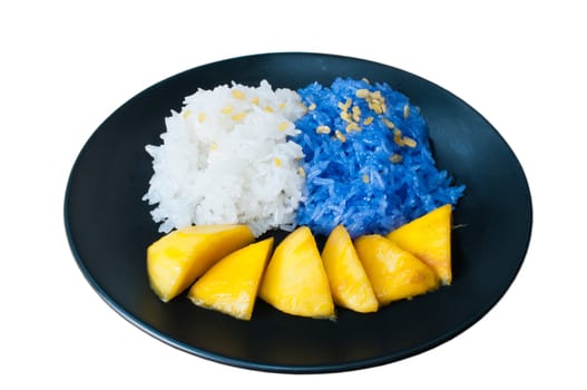 Glutinous rice eat with mangoes isolate