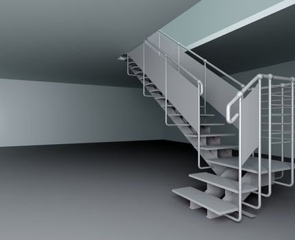 Metal ladder on the second floor with two sections in an empty room