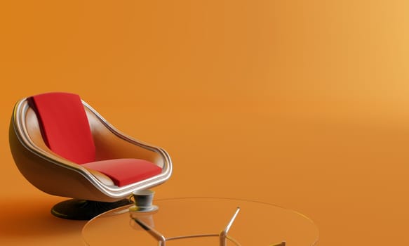 Modern elegant chair, coffee table and cup in interior of brown color