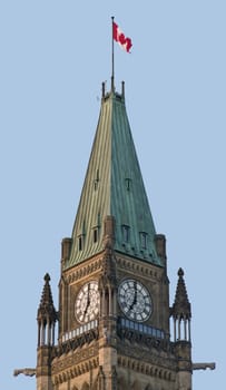 A corner view of the Canadian Parliament Centre block at 7 O'Clock.