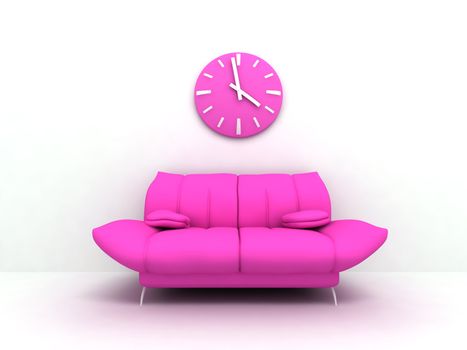 Purple sofa and clock in modern interior of a light living room