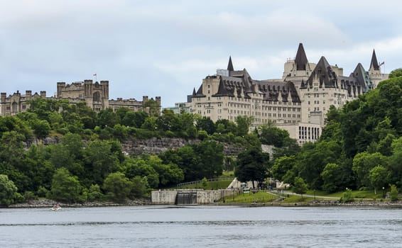 The Fairmont Chateau Laurier Hotel and the Rideau locks along with Canada Revenue Agency Headquarters in downtown Ottawa.