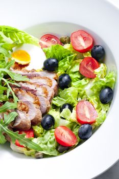 vegetable salad with fried duck breast slices and egg