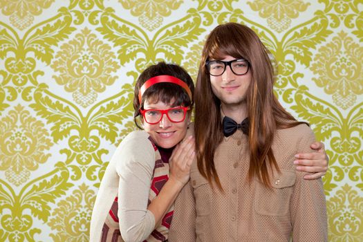 Funny humor silly nerd couple on retro vintage wallpaper background