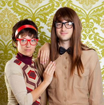 Funny humor silly nerd couple on retro vintage wallpaper background