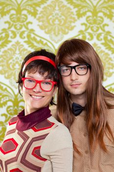 Funny humor silly nerd couple on retro vintage wallpaper background