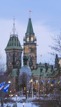The Canadian Parliament Centre and East Blocks in Ottawa, Ontario, Canada.