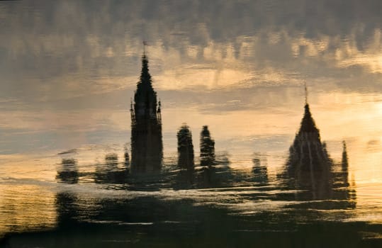 The Canadian Parliament silhouette reflection in the Ottawa river.