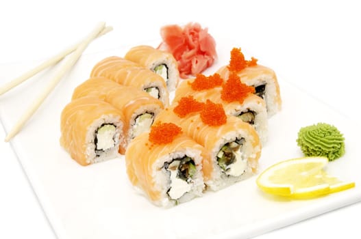 Salmon sushi and chopsticks on white background