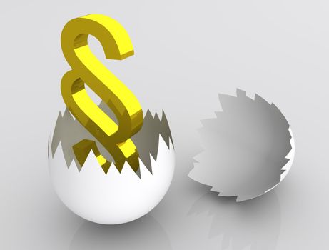 Concept of quality legal advice illustrated by golden paragraph symbol placed in freshly cracked egg. Scene rendered on white background.