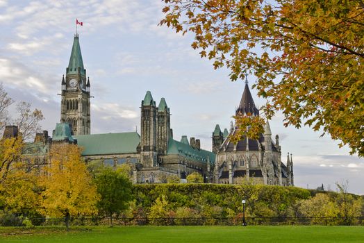The Canadian Parliament and Library during the fall colors.