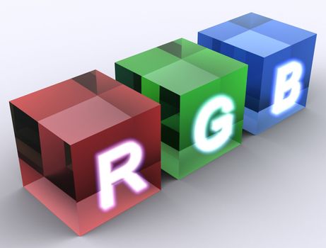 Concept of RGB color scheme illustrated by Red, Green, Blue cubes made of glass with RGB letters intensively glowing with white color. Scene rendered and isolated on white background.