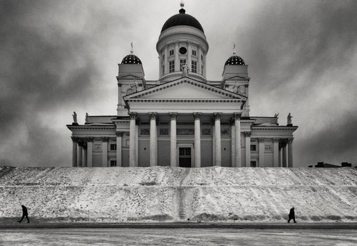 Helsinki Tuomiokirkko on a frosty winter day. Black and white with grain