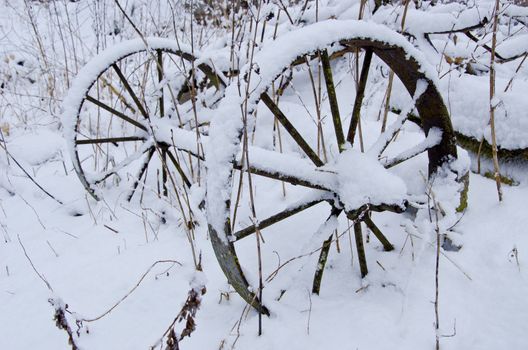 two old metal wheels in the farm and snow
