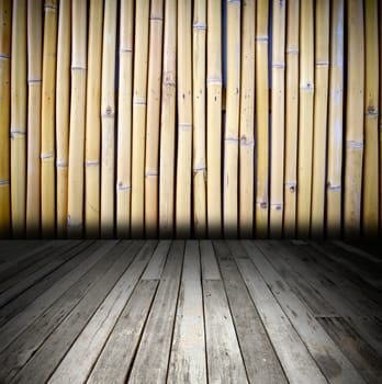 bamboo wall with wooden floor in dark room style