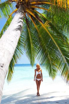 woman under palm sea on backgroud