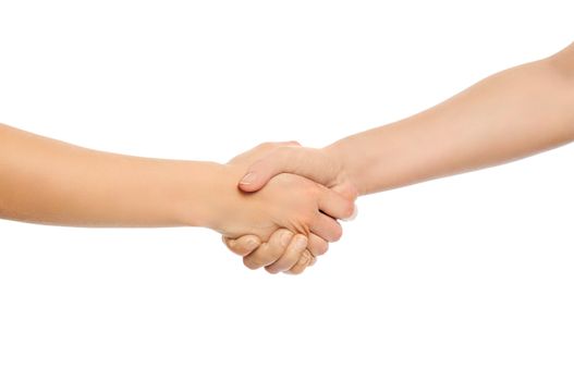 Two woman shaking hands. Isolated on white background.