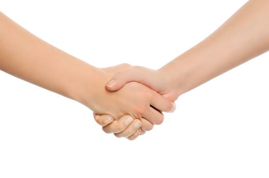 Two woman shaking hands. Isolated on white background.