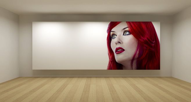 Empty room with red hair young picture, art gallery concept, 3d illustration