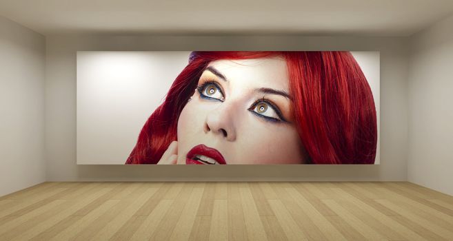 Empty room with red hair young picture, art gallery concept, 3d illustration