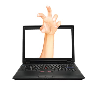 Hacker's hands are coming through laptop display