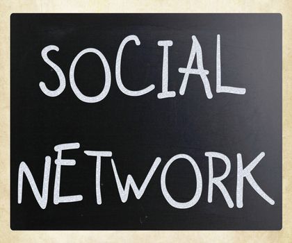 The word "Social network" handwritten with white chalk on a blackboard