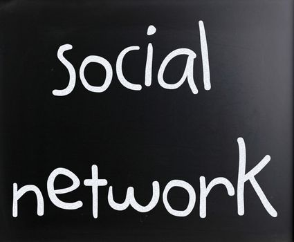 The word "Social network" handwritten with white chalk on a blackboard