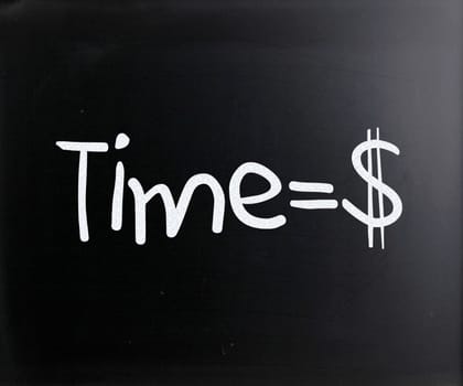 "Time is money" handwritten with white chalk on a blackboard