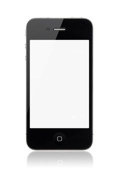 Kiev, Ukraine - Marth 23, 2012 - Apple iPhone 4s with blank screen isolated on a white background. Front view, studio shot.
