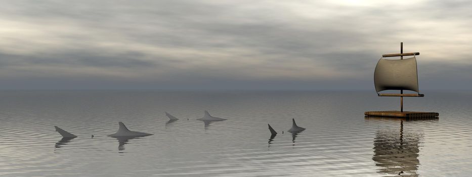 Wooden raft in the middle of the ocean and next to sharks by cloudy weather