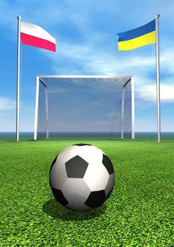 Polish and ukrainian flags, soccer ball, goal on green playground field