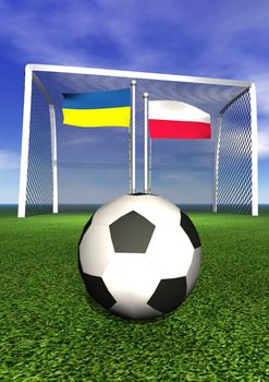 Polish and ukrainian flags, soccer ball, goal on green playground field