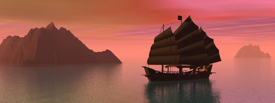 Silouhette of oriental junk boat on water next to mountains by sunset