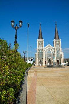 Catholic church with clear blue sky at Chantaburi province, Thailand