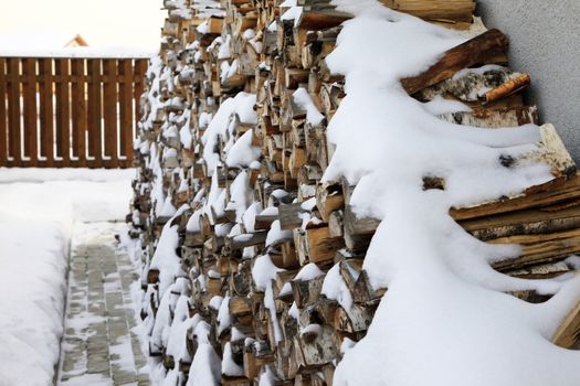 Fire wood for a fireplace in snow