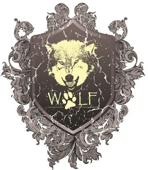 wolf bares its teeth, with a shield and rear leaves
