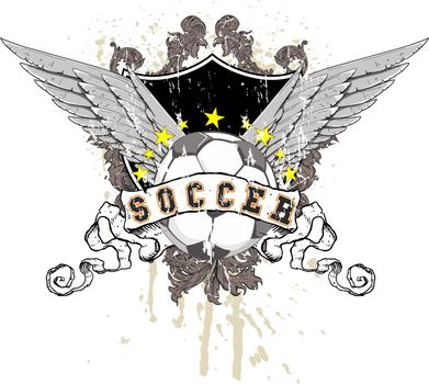 soccer ball with wings, a shield in the background with decorations and splashes of paint. Above the ball a row of stars