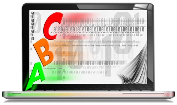 Silver laptop with written abc on the screen and binary code