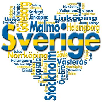 Written Sverige (sweden) and Swedish cities with heart-shaped, Swedish flag colors