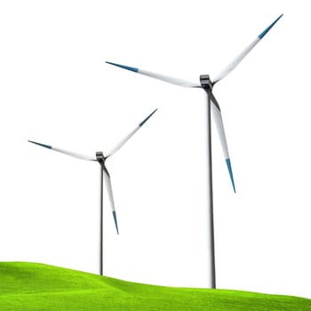Wind turbines isolated on white background