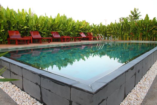 chair and swimming pool surrounded by  tropical plants