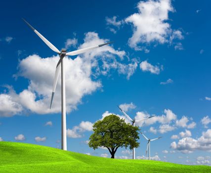 Wind turbines farm on hill