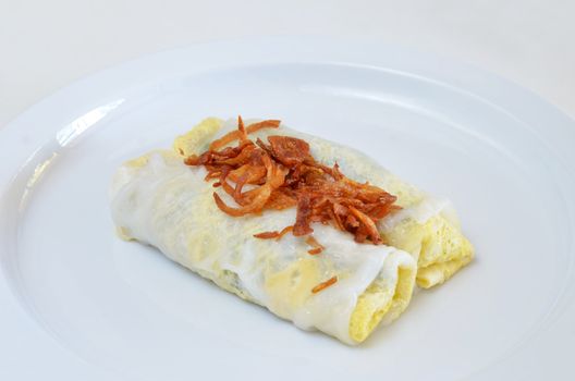 Vietnamese rice noodle rolls with a filling of pork sliced and egg ,  fried onion on white dish