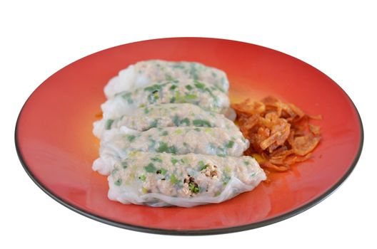 Vietnamese rice noodle rolls with a filling of pork sliced and vegetable ,  fried onion