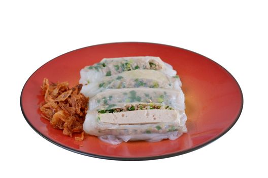 Vietnamese rice noodle rolls with a filling of pork sliced , vietnamese sausage and vegetable served with  fried onion