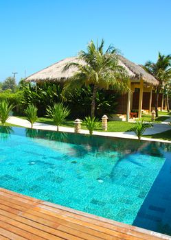 Swimming pool and  tropical plants with house