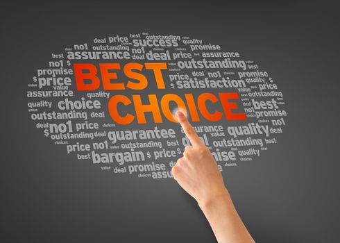 Hand pointing at a best choice illustration on dark background.